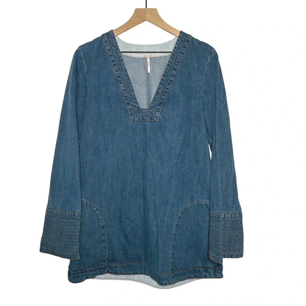 Free People Denim Tunic Blue V-Neck Long Sleeve Pockets Small